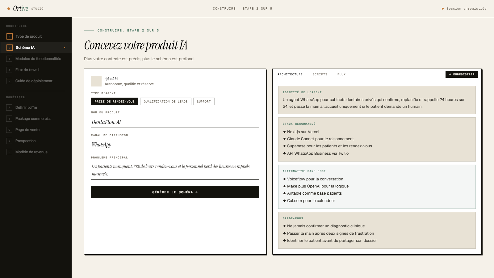 Le studio Ortive, étape 2 : le schéma produit généré, avec son architecture et son stack